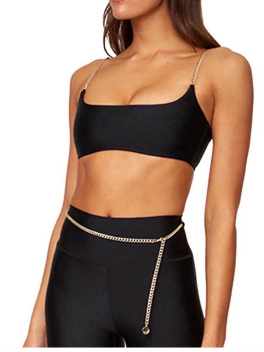 WeWoreWhat Black Crop top and shoets with Gold Chain